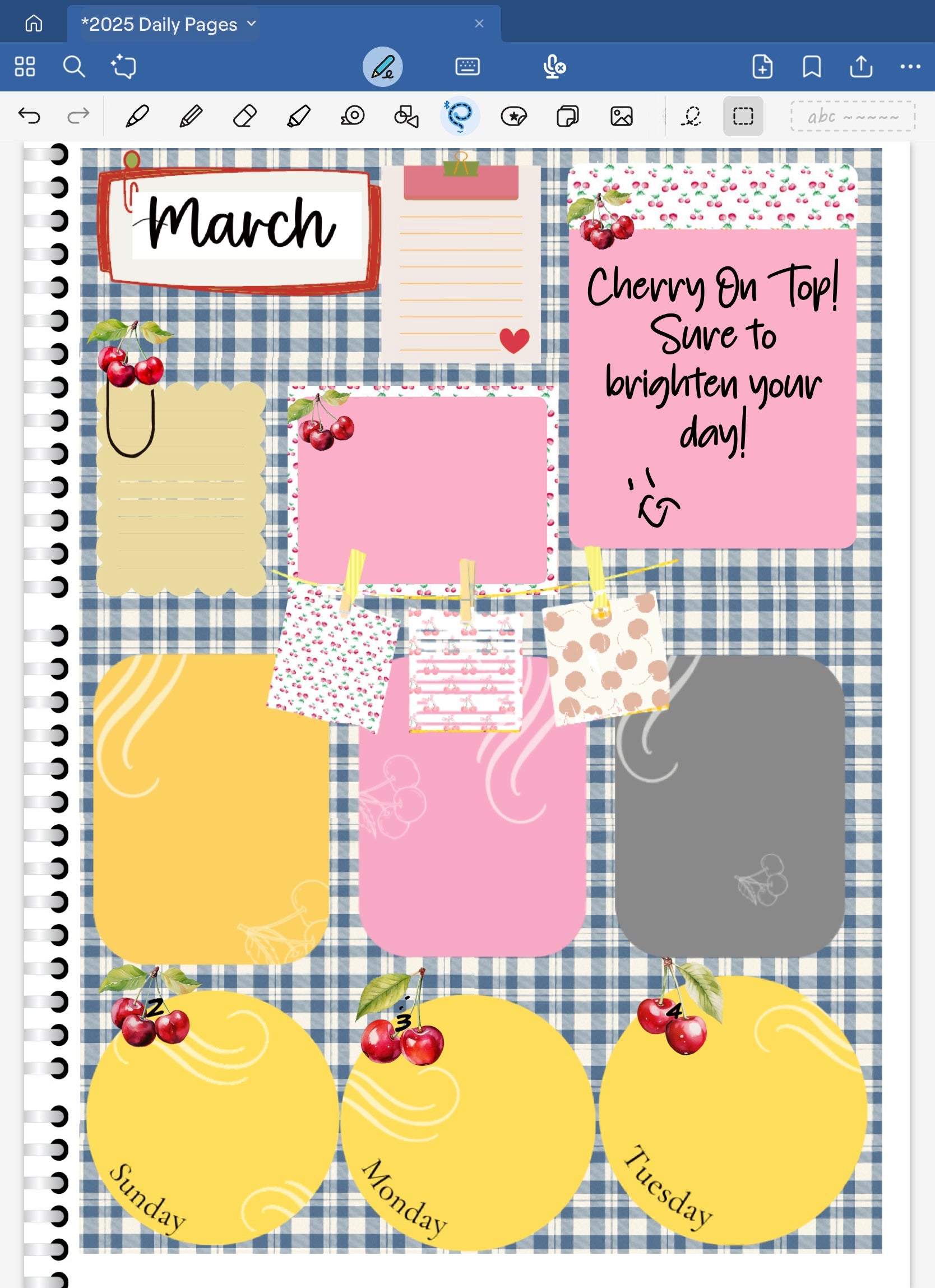 Goodnotes digital daily planner with colorful pages and decorative cherry elements on a blue checkered background.