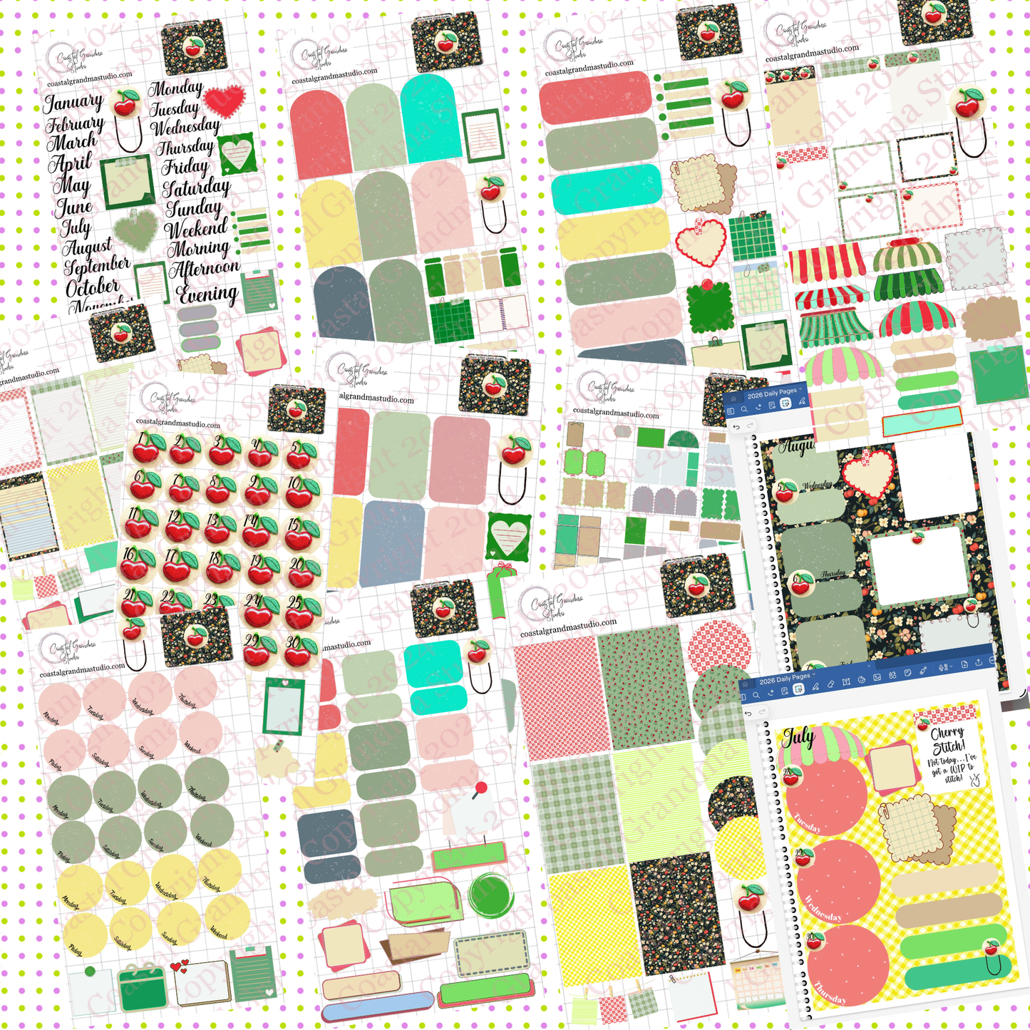 Cherry Stitch! GoodNotes Sticker Bundle – Digital Planner Stickers for iPad, Pre-Cropped Aesthetic Stickers Pack (8700-BU)