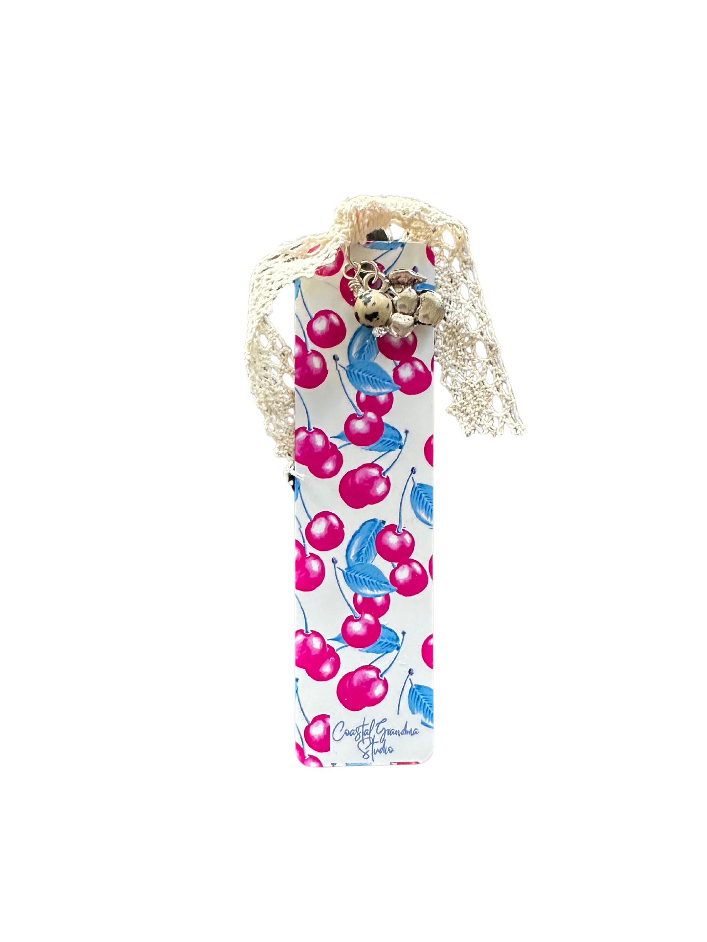 Designed with a lightweight aluminum base, this cute aesthetic bookmark features a delicate cherry charm, a Dalmatian jasper bead charm, and a soft cotton lace ribbon for a touch of shabby, yet chic charm.