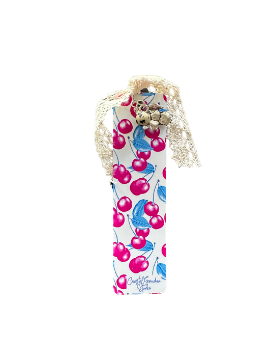 Designed with a lightweight aluminum base, this cute aesthetic bookmark features a delicate cherry charm, a Dalmatian jasper bead charm, and a soft cotton lace ribbon for a touch of shabby, yet chic charm.