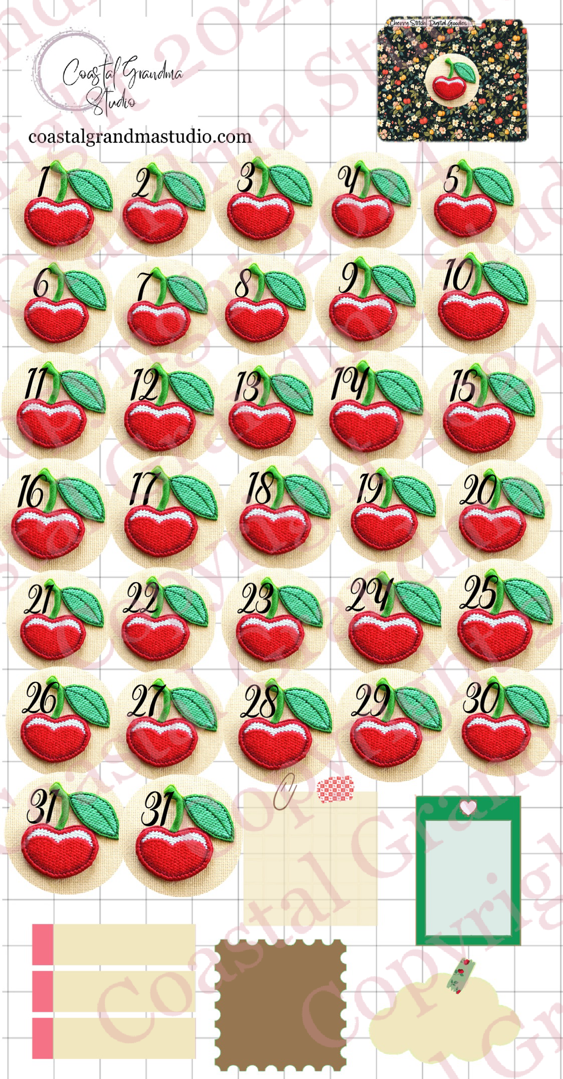 Cherry Stitch! GoodNotes Sticker Bundle – Digital Planner Stickers for iPad, Pre-Cropped Aesthetic Stickers Pack (8700-BU)