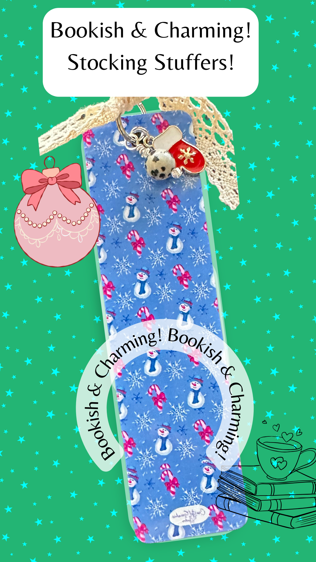 Designed with a lightweight aluminum base, this cute aesthetic bookmark features a delicate enameled Christmas stocking charm, a Dalmatian jasper bead charm, and a soft cotton lace ribbon for a touch of shabby, yet chic charm.
