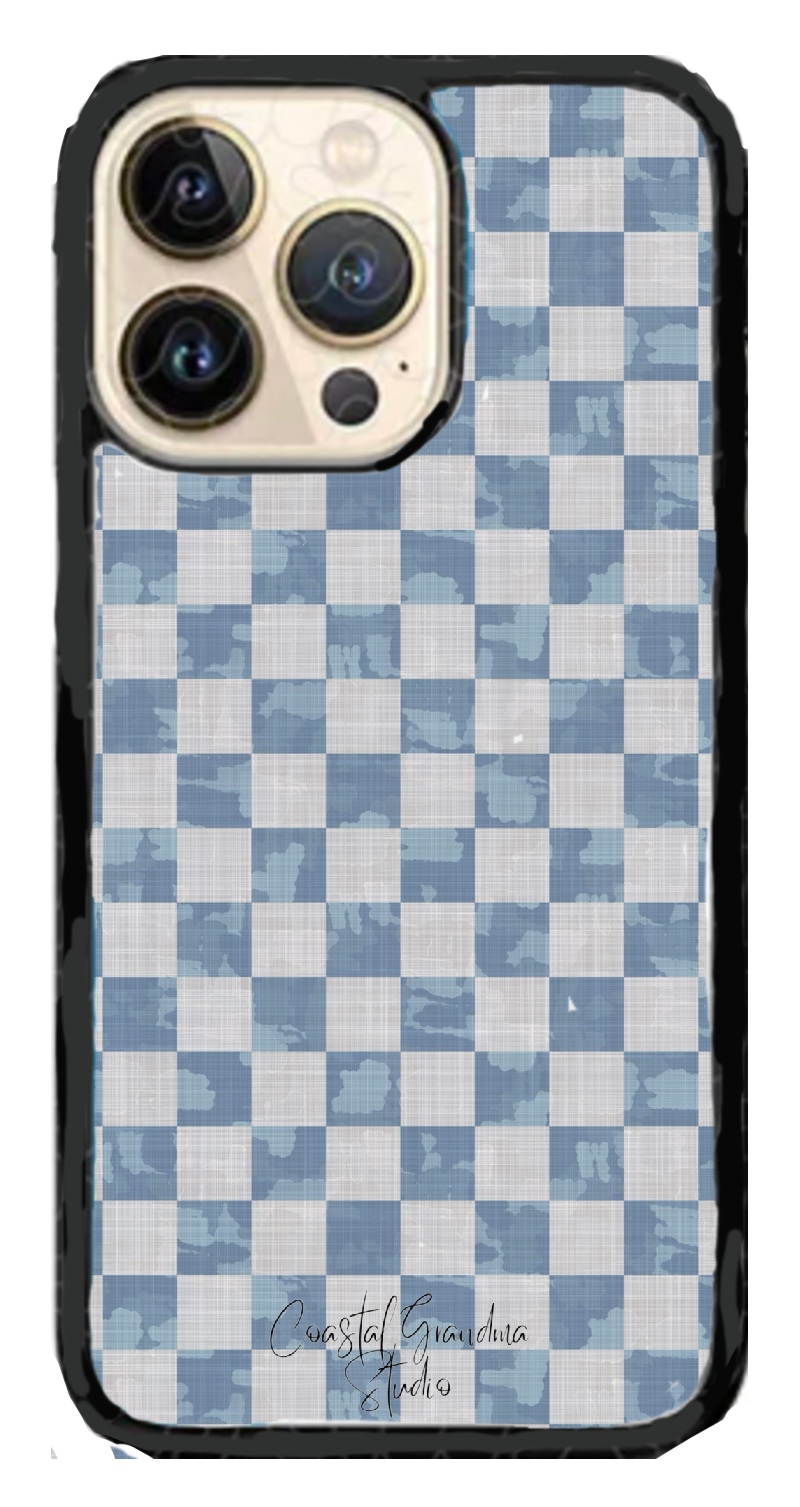 A blue and white checkered phone case for an iPhone with a camera cutout at the top left corner, featuring a design inspired by New England coast bed and breakfasts.