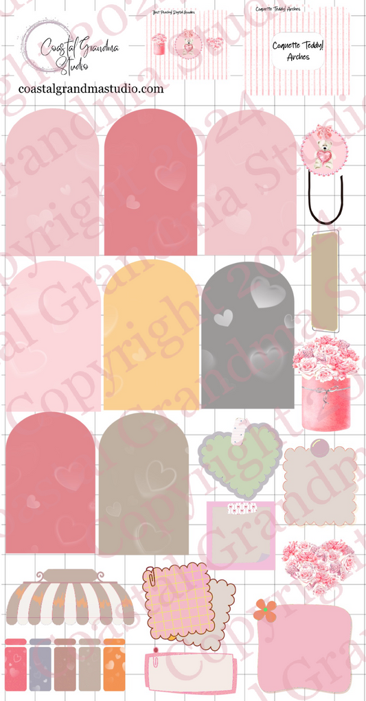 Coquette Teddy Love! Arches Digital Pre-Cropped Stickers For Goodnotes (7700-A)