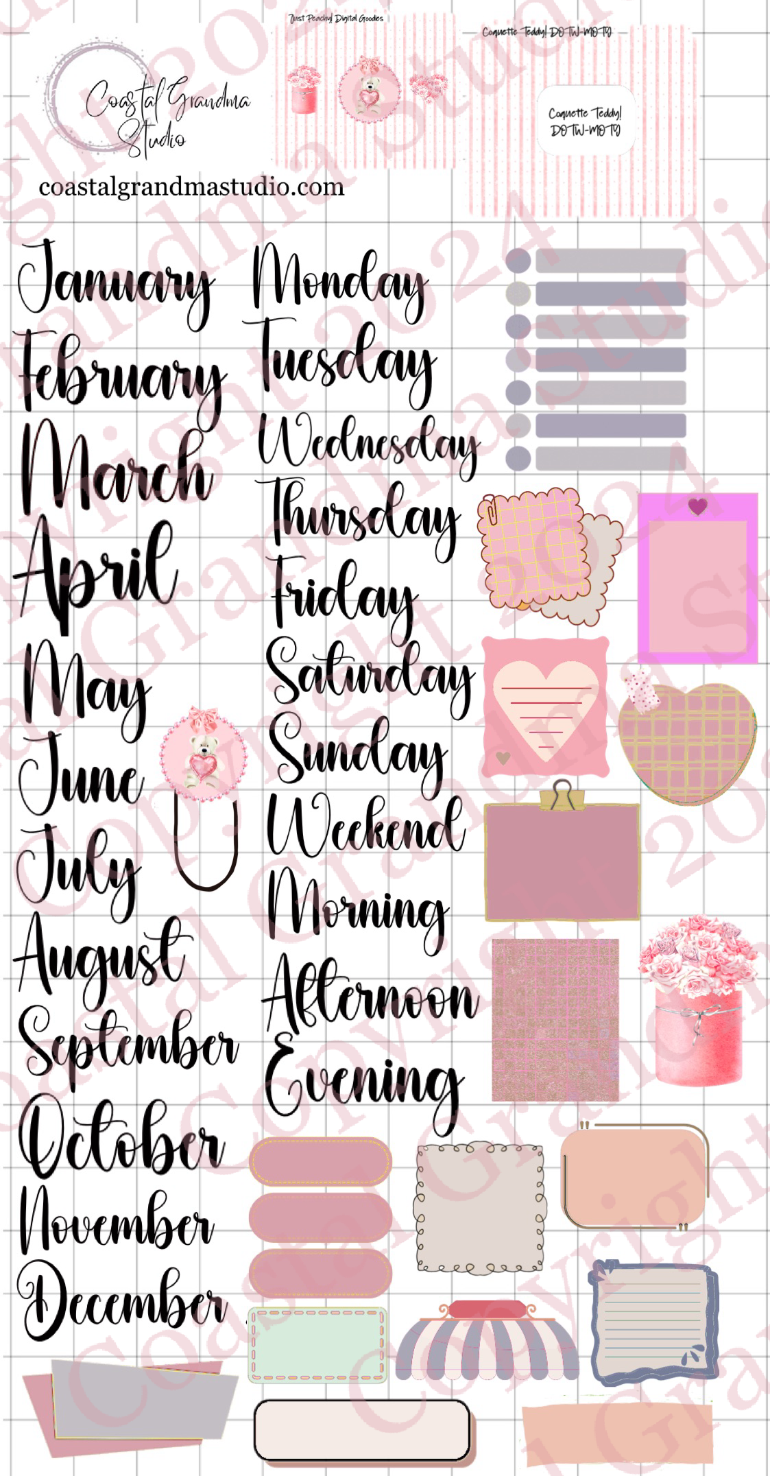 Coquette Teddy Love! Days Of The Week/Months Of The Year Digital Pre-Cropped Stickers For Goodnotes (7700-DM)