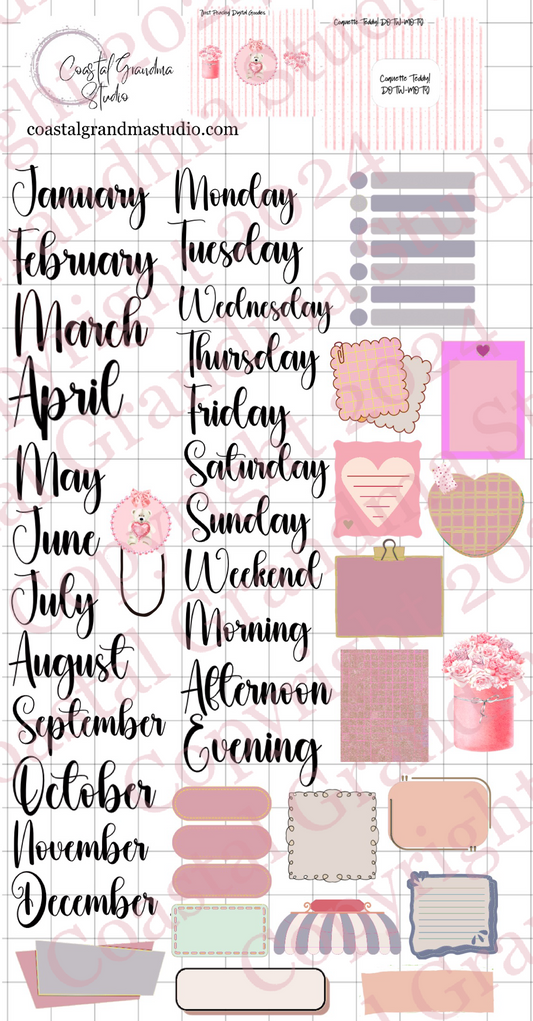 Coquette Teddy Love! Days Of The Week/Months Of The Year Digital Pre-Cropped Stickers For Goodnotes (7700-DM)