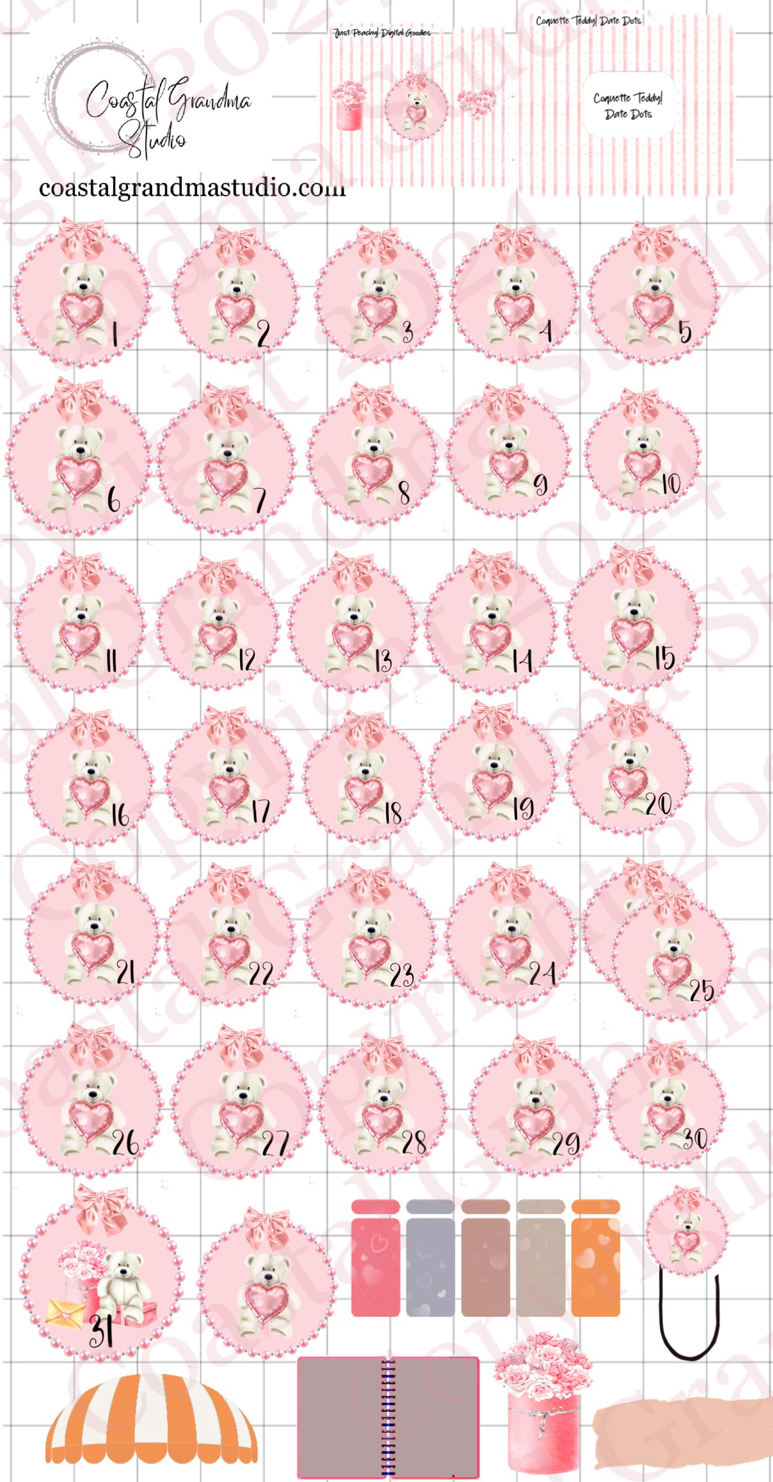 Coquette Teddy Love! Date Dots Digital Pre-Cropped Stickers For Goodnotes (7700-DD) (Copy)
