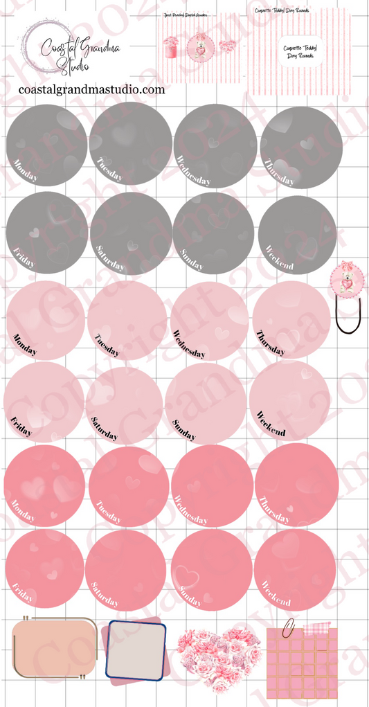 Coquette Teddy Love! Day Rounds Digital Pre-Cropped Stickers For Goodnotes (7700-DR)