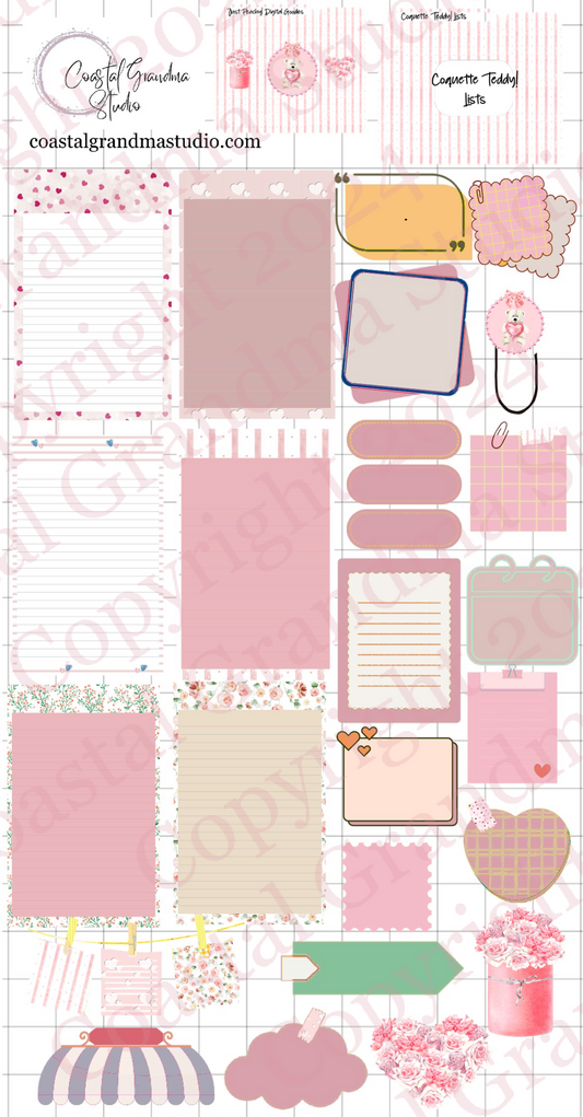 Coquette Teddy Love! Lists & Stuff Digital Pre-Cropped Stickers For Goodnotes (7700-LS) (Copy)
