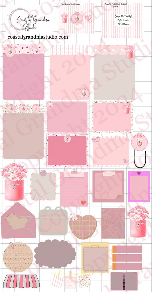 Coquette Teddy Love! Note Pads & Stickers Digital Pre-Cropped Stickers For Goodnotes (7700-NP)