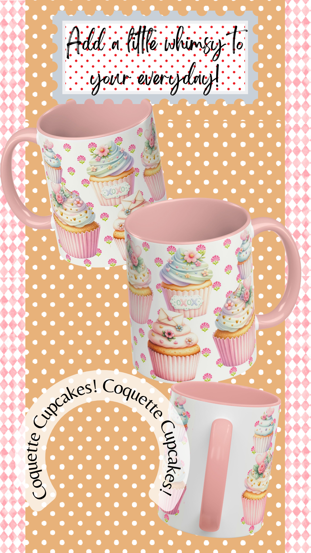Coquette Cupcake Ceramic Mug With Pink Handle and Interior 11 0z.