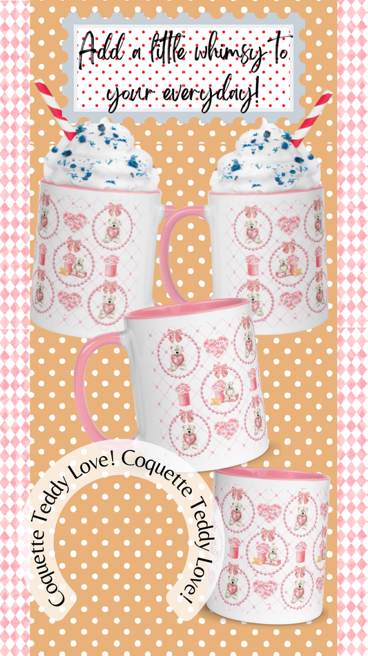 Coquette Teddy Love Ceramic Mug With Pink Handle and Interior 11 0z.