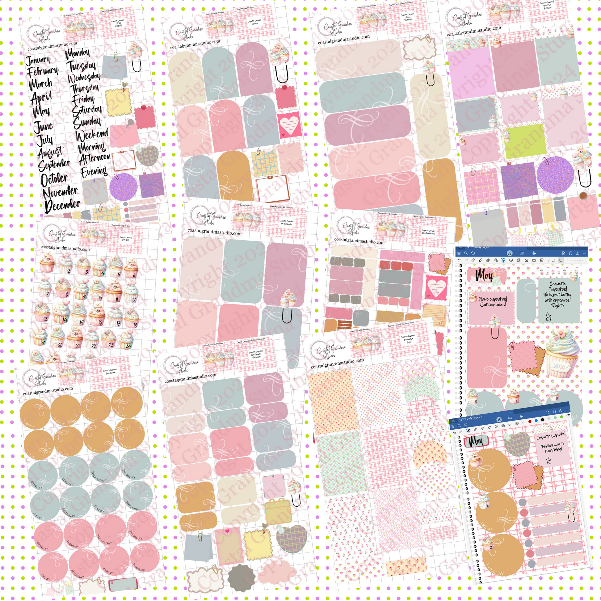Collection of planner stickers with Couette theme, cupocakes, pink, bows sweet prints for goodnotes