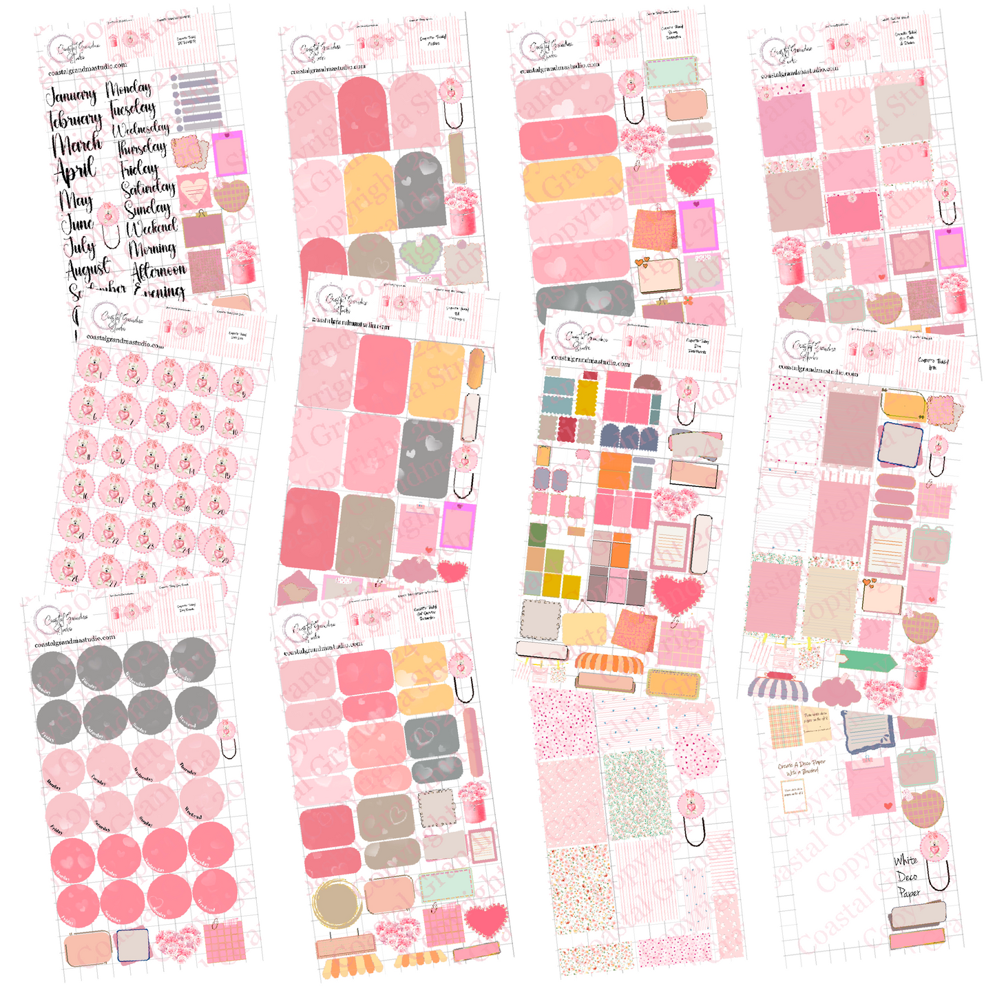 Set of decorative planner stickers for Goodnotes pink, lace, pearls, bows flowers, teddy bears.
