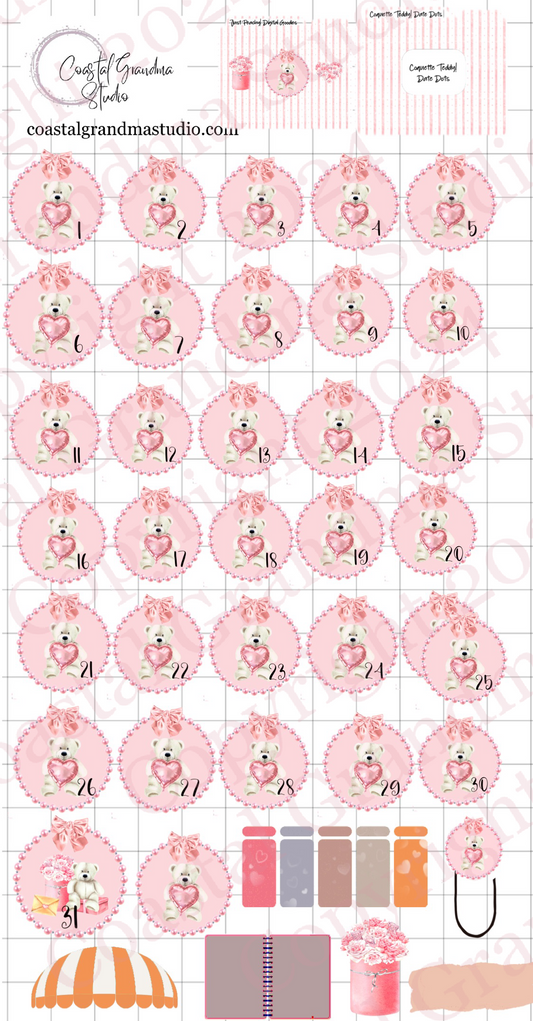 Coquette Teddy GoodNotes Sticker Bundle – Digital Planner Stickers for iPad, Pre-Cropped Aesthetic Stickers Pack (7700-BU)