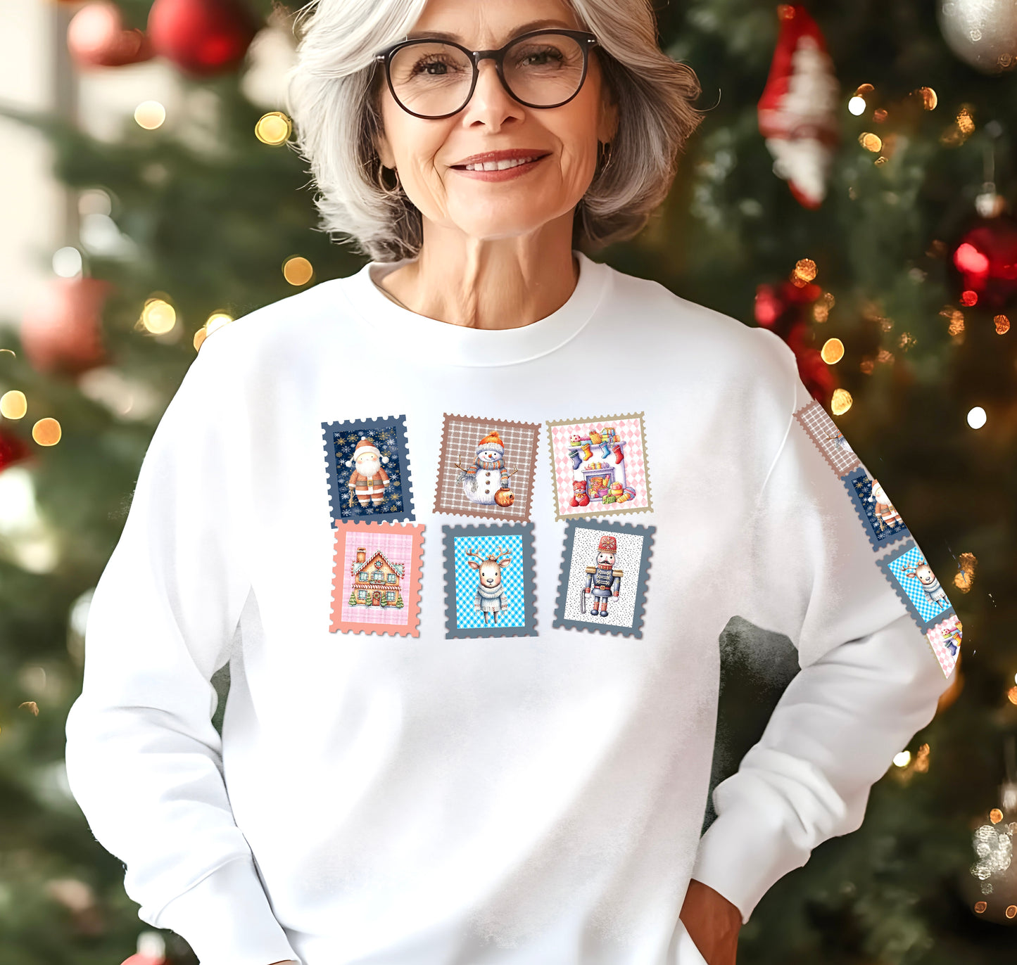 Cozy Christmas! Crewneck Sweatshirt, Cute Holiday Gift, Unisex, Cozy Casual Wear, Scrapbook Style, Postage Stamp (HC-1009)