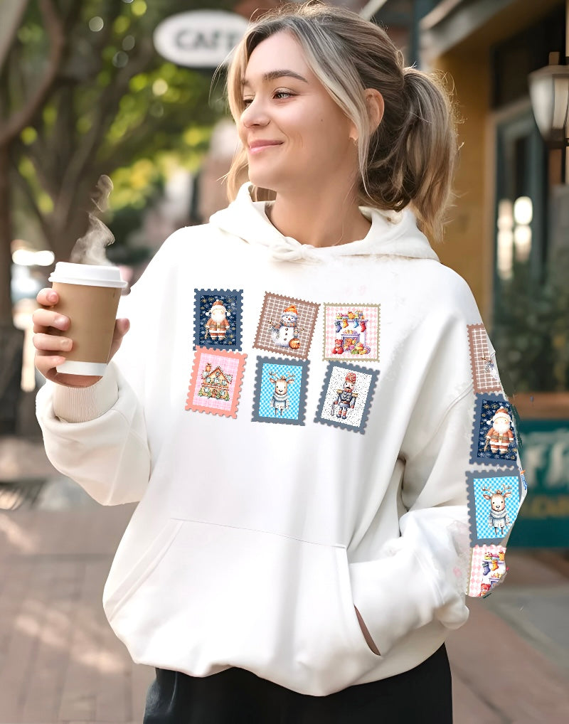 Cozy Christmas Collection Hoodie – Cute Retro Holiday Whimsical Storybook Stamps (HC-1003)