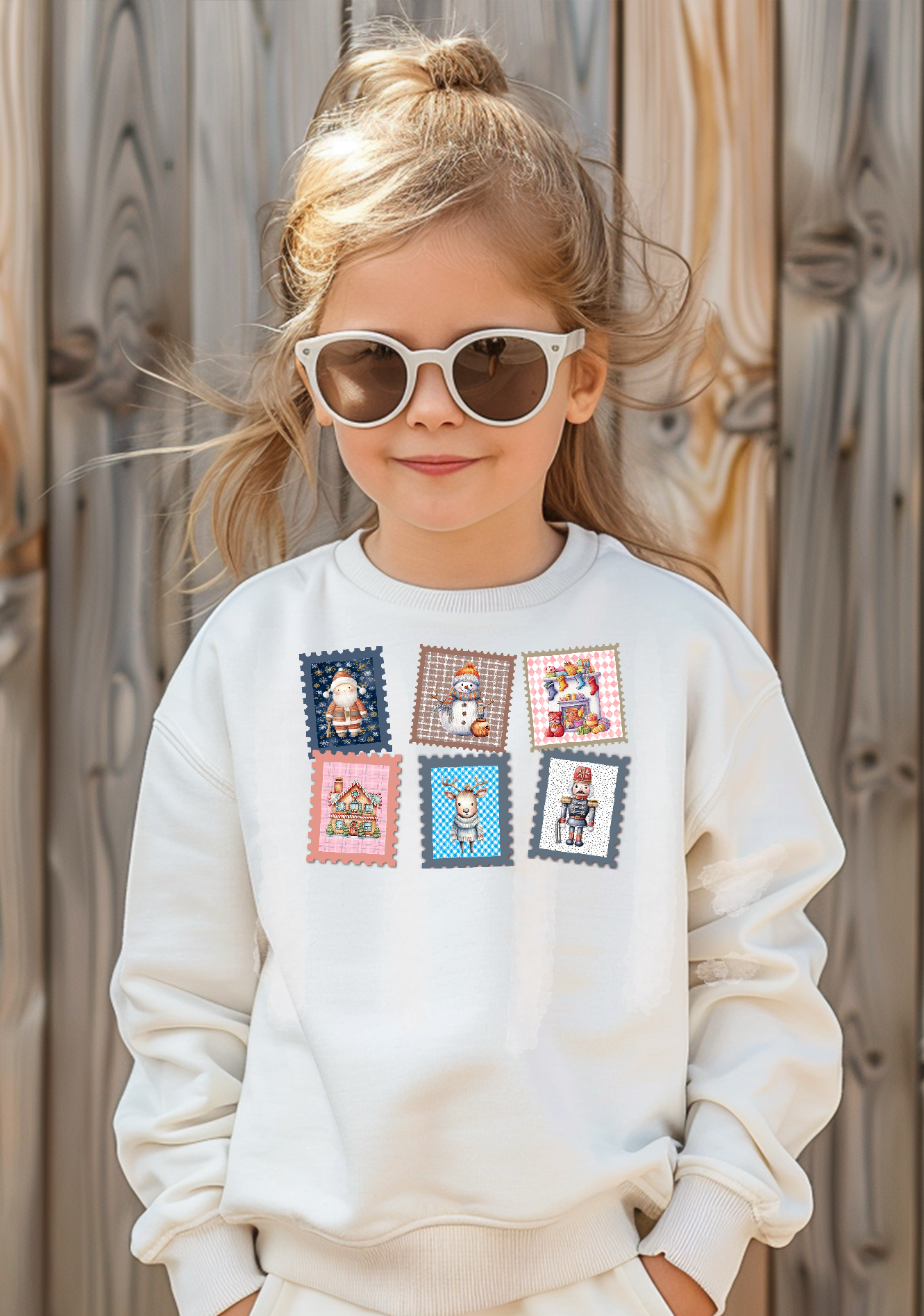 Cozy Christmas Kid's Sweatshirt – Vintage Inspired Patches - Santa, Snowman, Reindeer, Nutcracker (HC-1013)