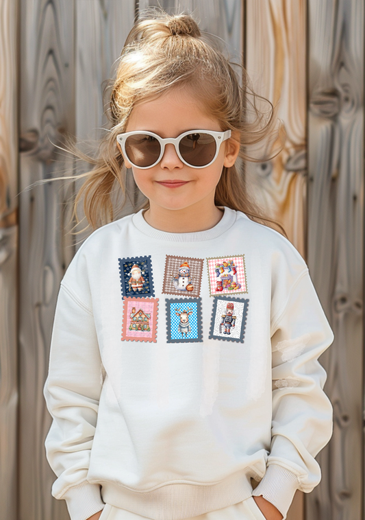 Cozy Christmas Kid's Sweatshirt – Vintage Inspired Patches - Santa, Snowman, Reindeer, Nutcracker (HC-1013)