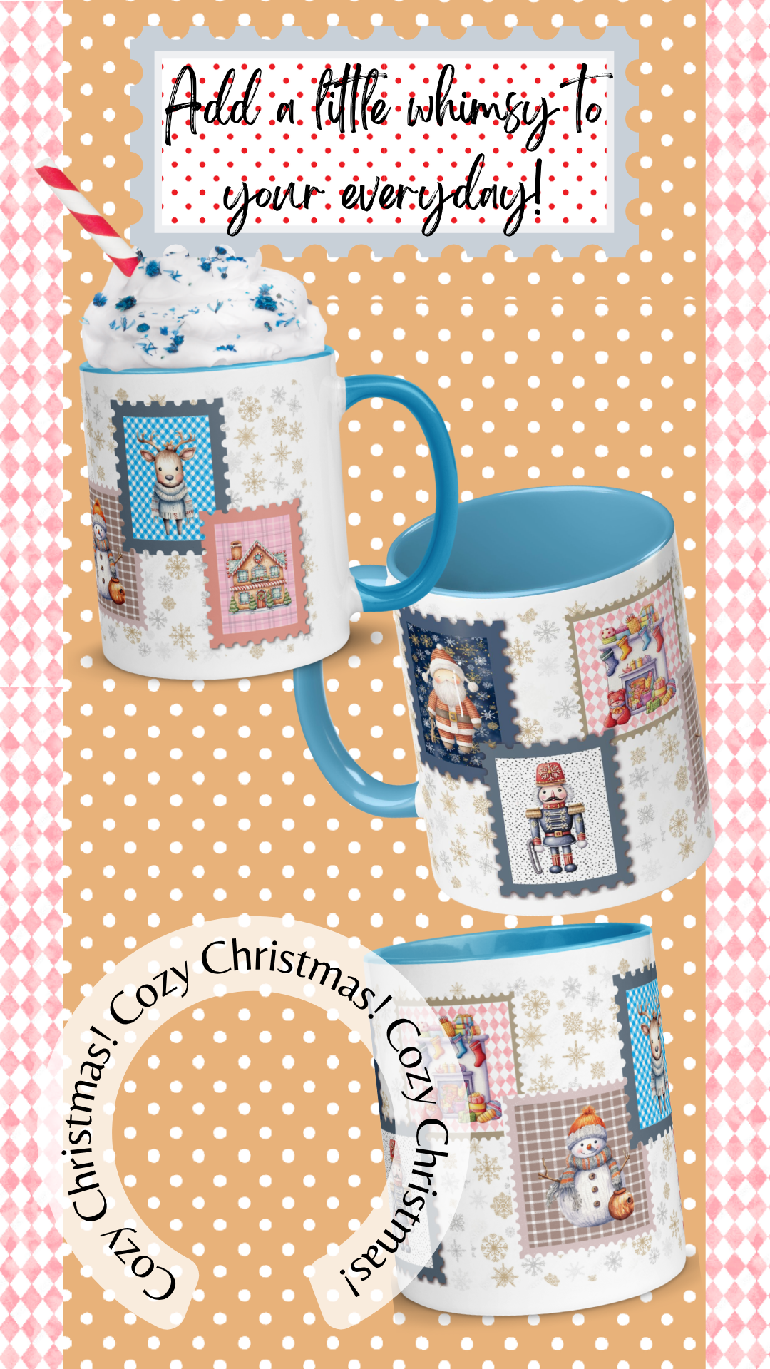 Cozy Christmas Ceramic Mug With Light Blue Handle & Interior 11 0z.