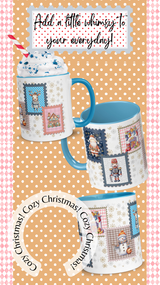 Cozy Christmas Ceramic Mug With Light Blue Handle & Interior 11 0z.