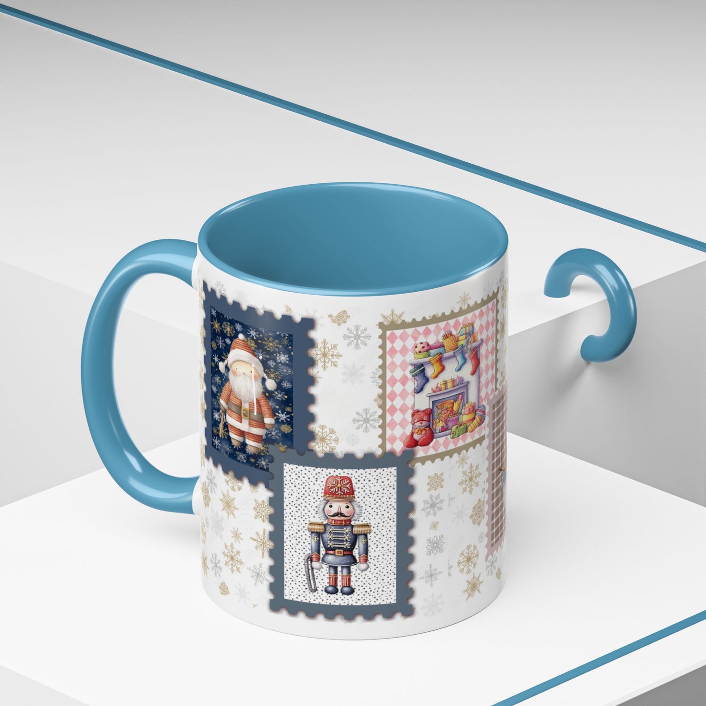 Cozy Christmas Ceramic Mug With Light Blue Handle & Interior 11 0z.