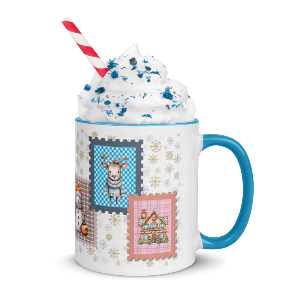 Cozy Christmas Ceramic Mug With Light Blue Handle & Interior 11 0z.