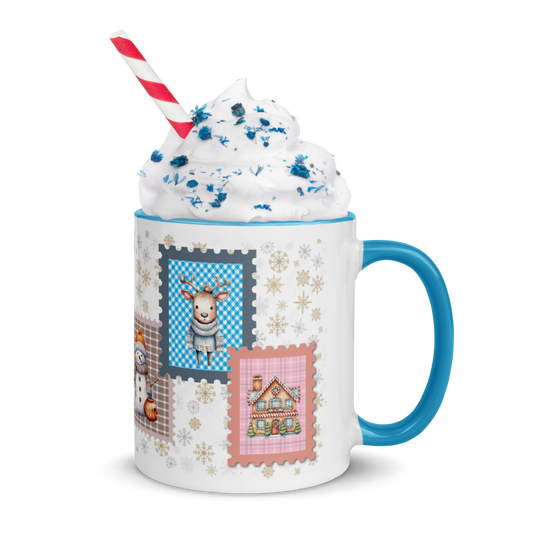 Cozy Christmas Ceramic Mug With Light Blue Handle & Interior 11 0z.