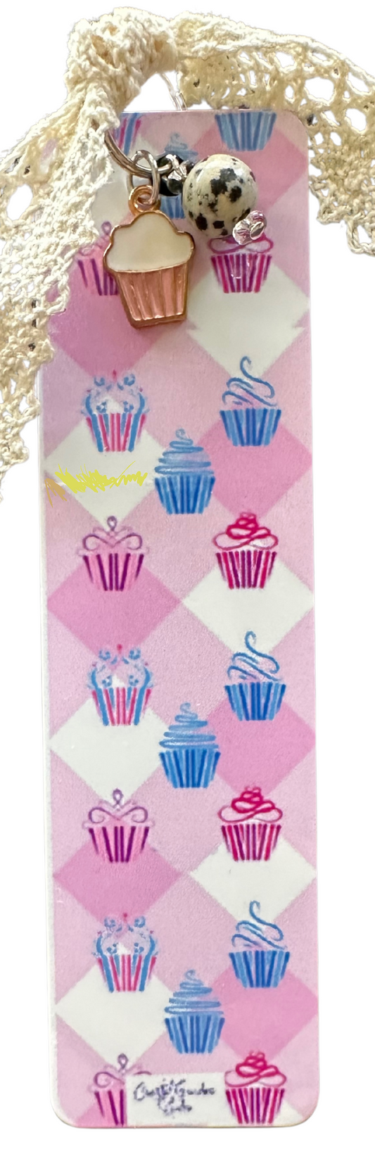 Cupcake Charm Bookmark – Cute Aesthetic Bookmark with Lace Ribbon, Gift for Book and Journal Lovers (1311-B)