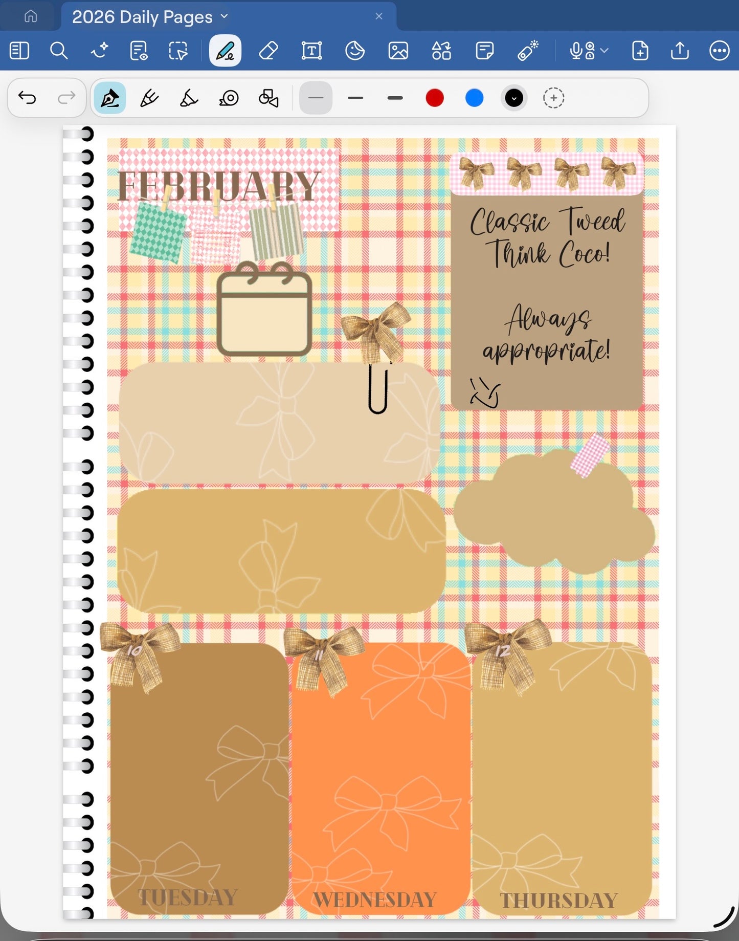Goodnotes planner page with classic plaid fabric bows featuring plaid patterns and decorative elements.