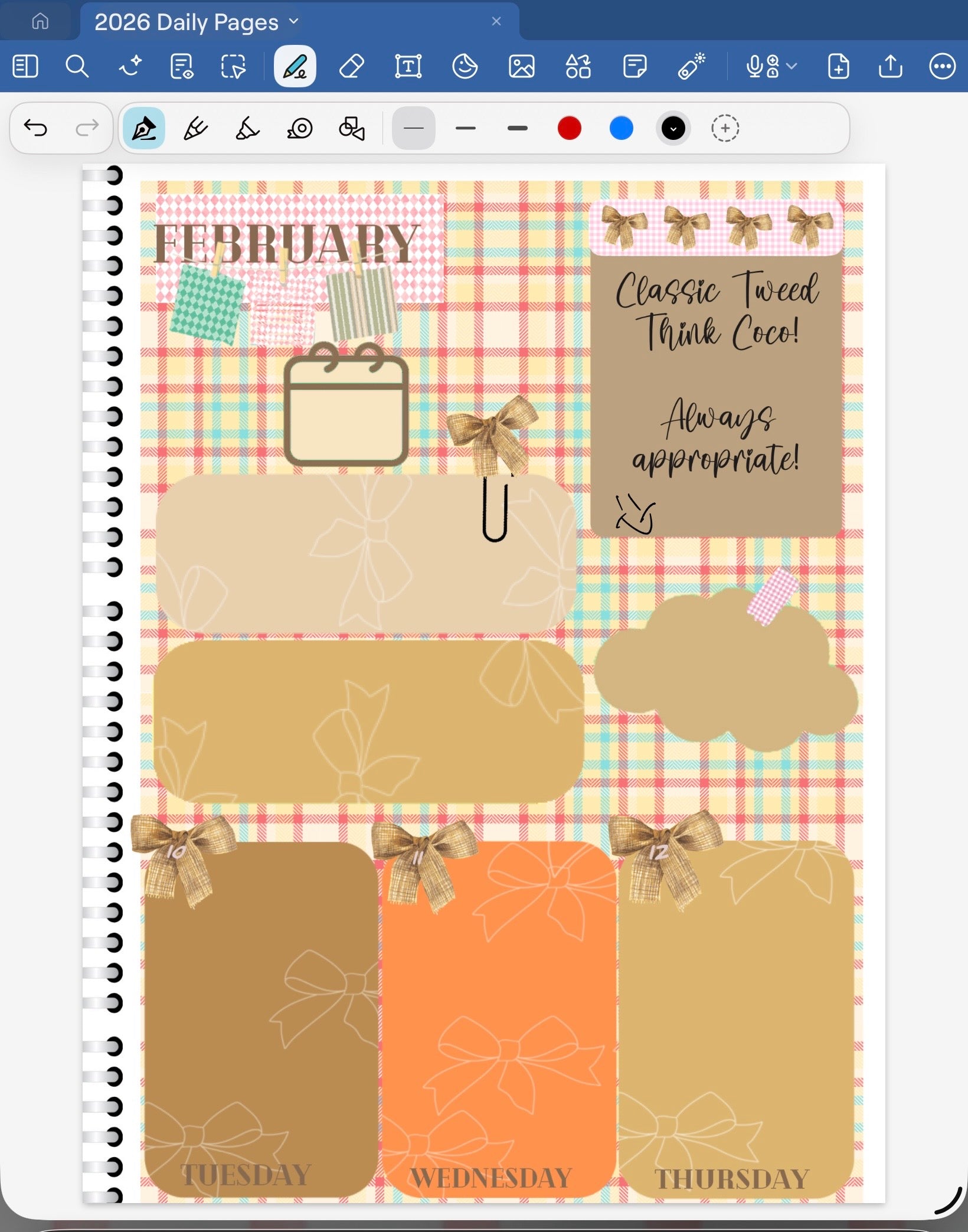 Goodnotes planner page with classic plaid fabric bows featuring plaid patterns and decorative elements.