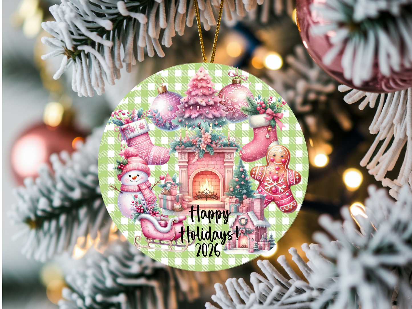 Personalized Pastel Christmas Ornament • Whimsical Pink Holiday Decor • Gingerbread & Fireplace Ornament • Happy Holidays 2026 (2025-27)