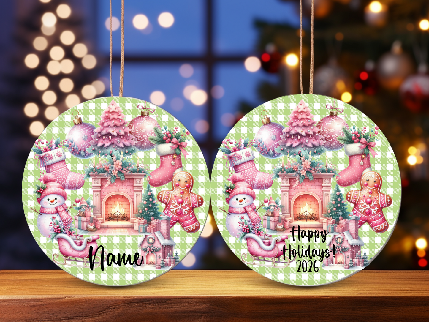 Personalized Pastel Christmas Ornament • Whimsical Pink Holiday Decor • Gingerbread & Fireplace Ornament • Happy Holidays 2026 (2025-27)