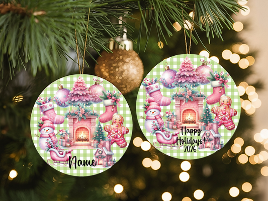 Personalized Pastel Christmas Ornament • Whimsical Pink Holiday Decor • Gingerbread & Fireplace Ornament • Happy Holidays 2026 (2025-27)