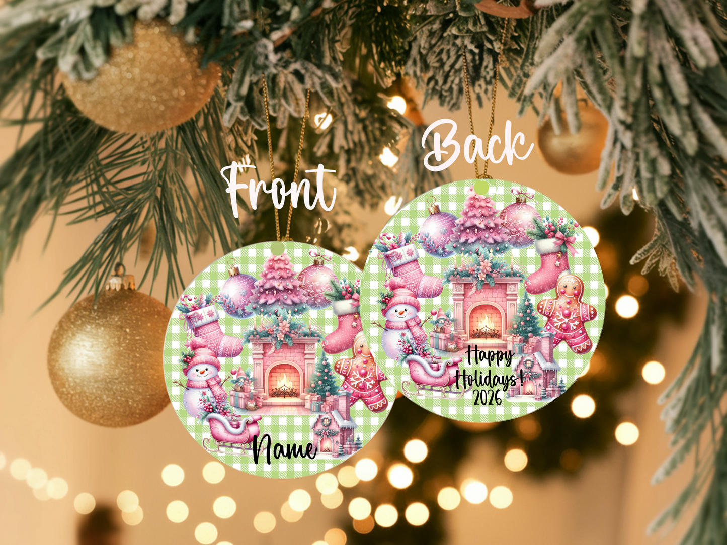 Personalized Pastel Christmas Ornament • Whimsical Pink Holiday Decor • Gingerbread & Fireplace Ornament • Happy Holidays 2026 (2025-27)