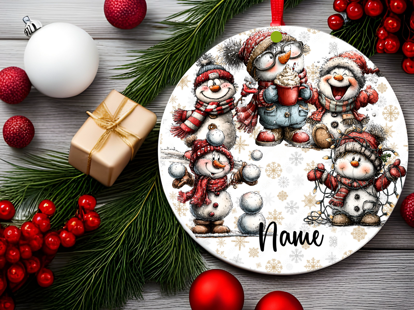Personalized Whimsical Snowman Ornament • Quirky Red Snowmen • Custom Name Christmas Ornament • Merry Christmas 2026 Holiday Gift (2025-12)