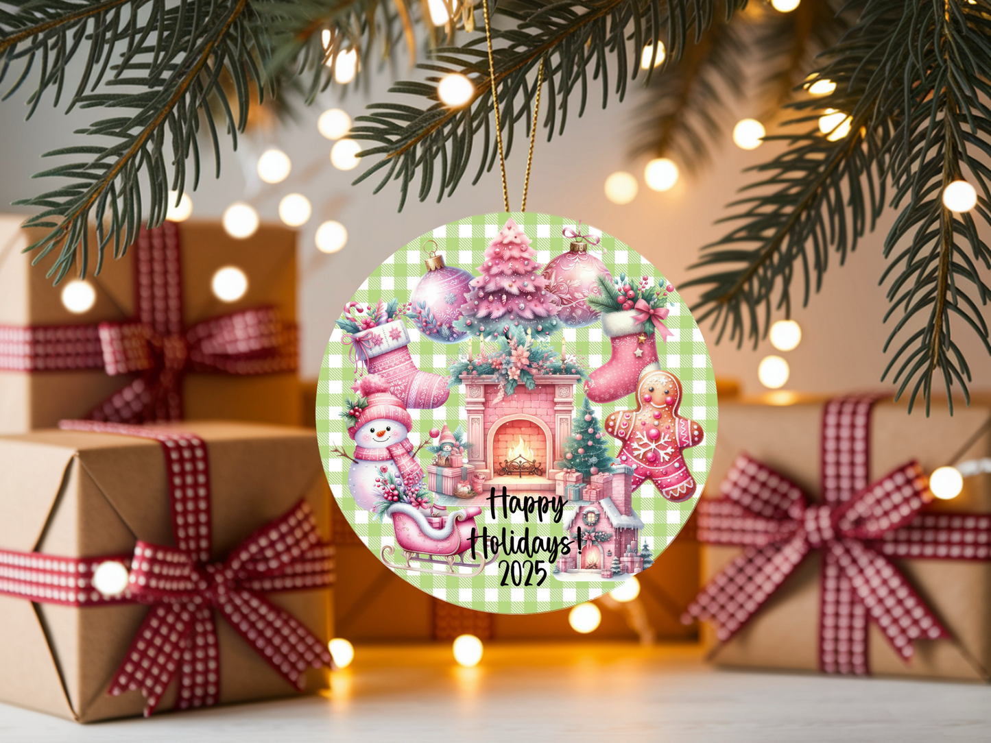 Personalized Pastel Christmas Ornament • Whimsical Pink Holiday Decor • Gingerbread & Fireplace Ornament • Happy Holidays 2025 (2025-27)