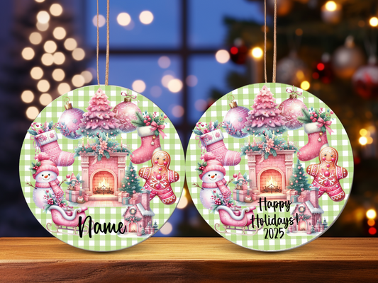 Personalized Pastel Christmas Ornament • Whimsical Pink Holiday Decor • Gingerbread & Fireplace Ornament • Happy Holidays 2025 (2025-27)