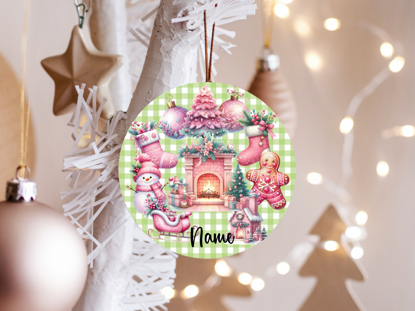Personalized Pastel Christmas Ornament • Whimsical Pink Holiday Decor • Gingerbread & Fireplace Ornament • Happy Holidays 2025 (2025-27)
