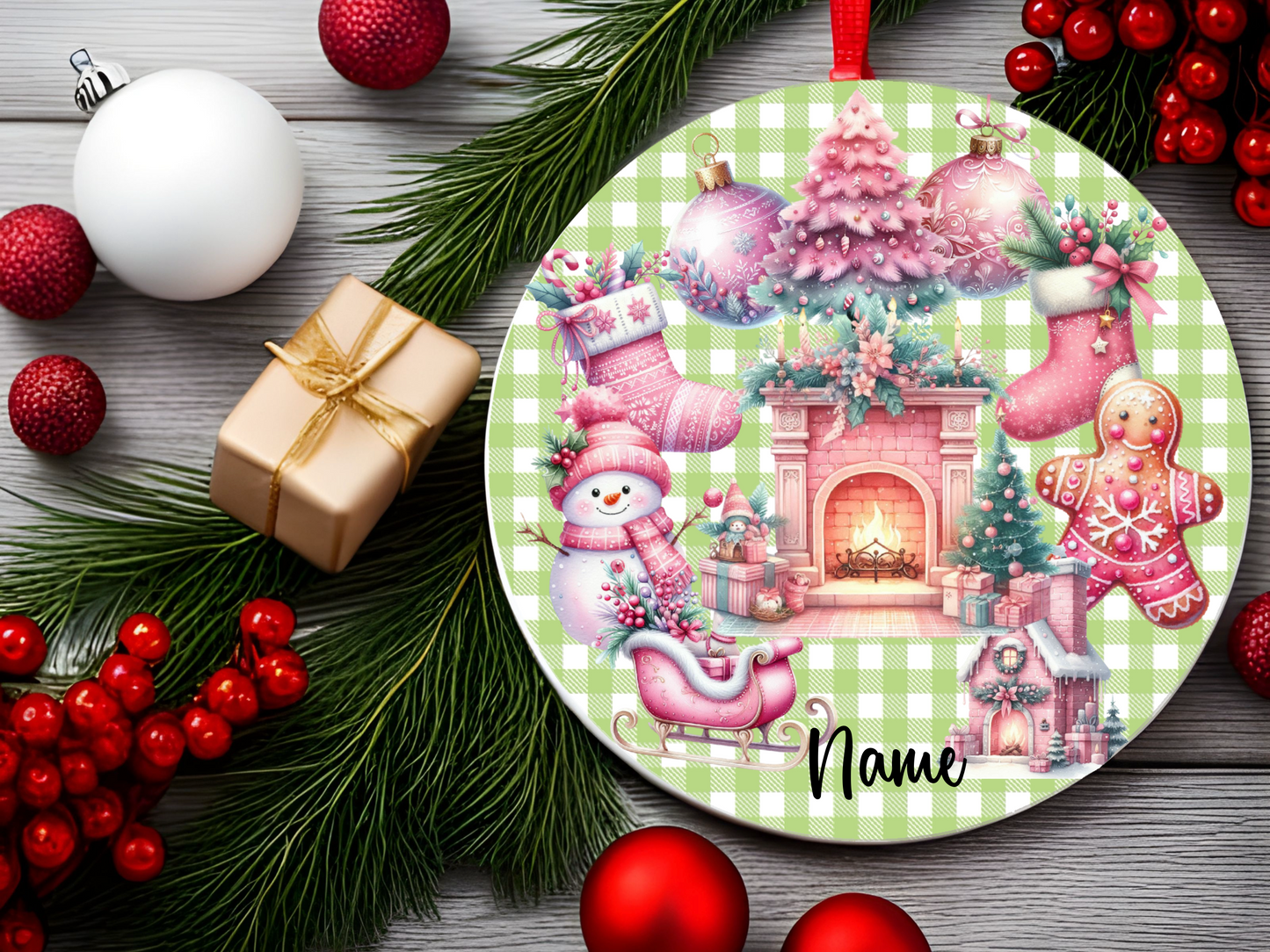 Personalized Pastel Christmas Ornament • Whimsical Pink Holiday Decor • Gingerbread & Fireplace Ornament • Happy Holidays 2025 (2025-27)