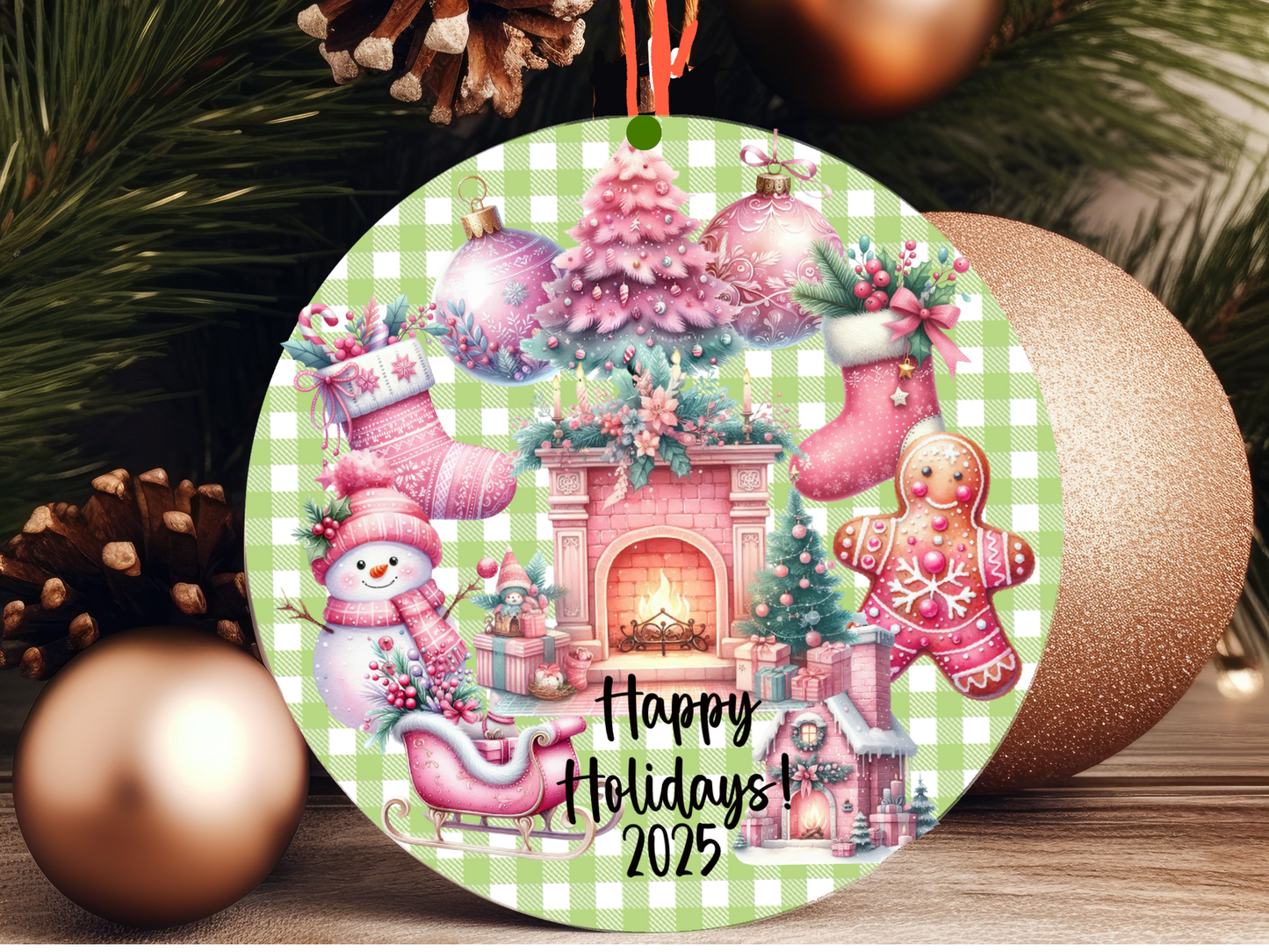 Personalized Pastel Christmas Ornament • Whimsical Pink Holiday Decor • Gingerbread & Fireplace Ornament • Happy Holidays 2025 (2025-27)