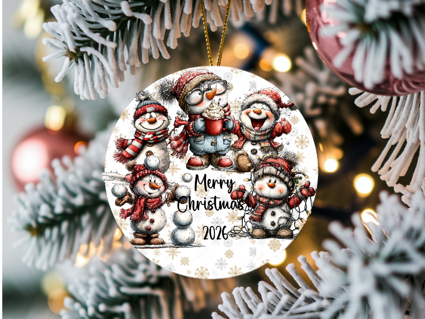 Personalized Whimsical Snowman Ornament • Quirky Red Snowmen • Custom Name Christmas Ornament • Merry Christmas 2026 Holiday Gift (2025-12)
