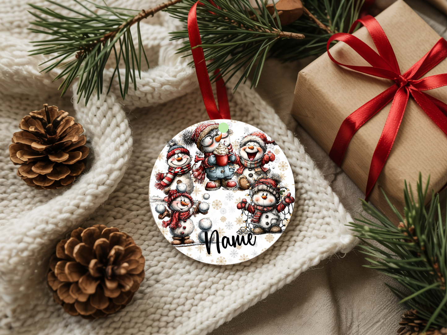 Personalized Whimsical Snowman Ornament • Quirky Red Snowmen • Custom Name Christmas Ornament • Merry Christmas 2026 Holiday Gift (2025-12)