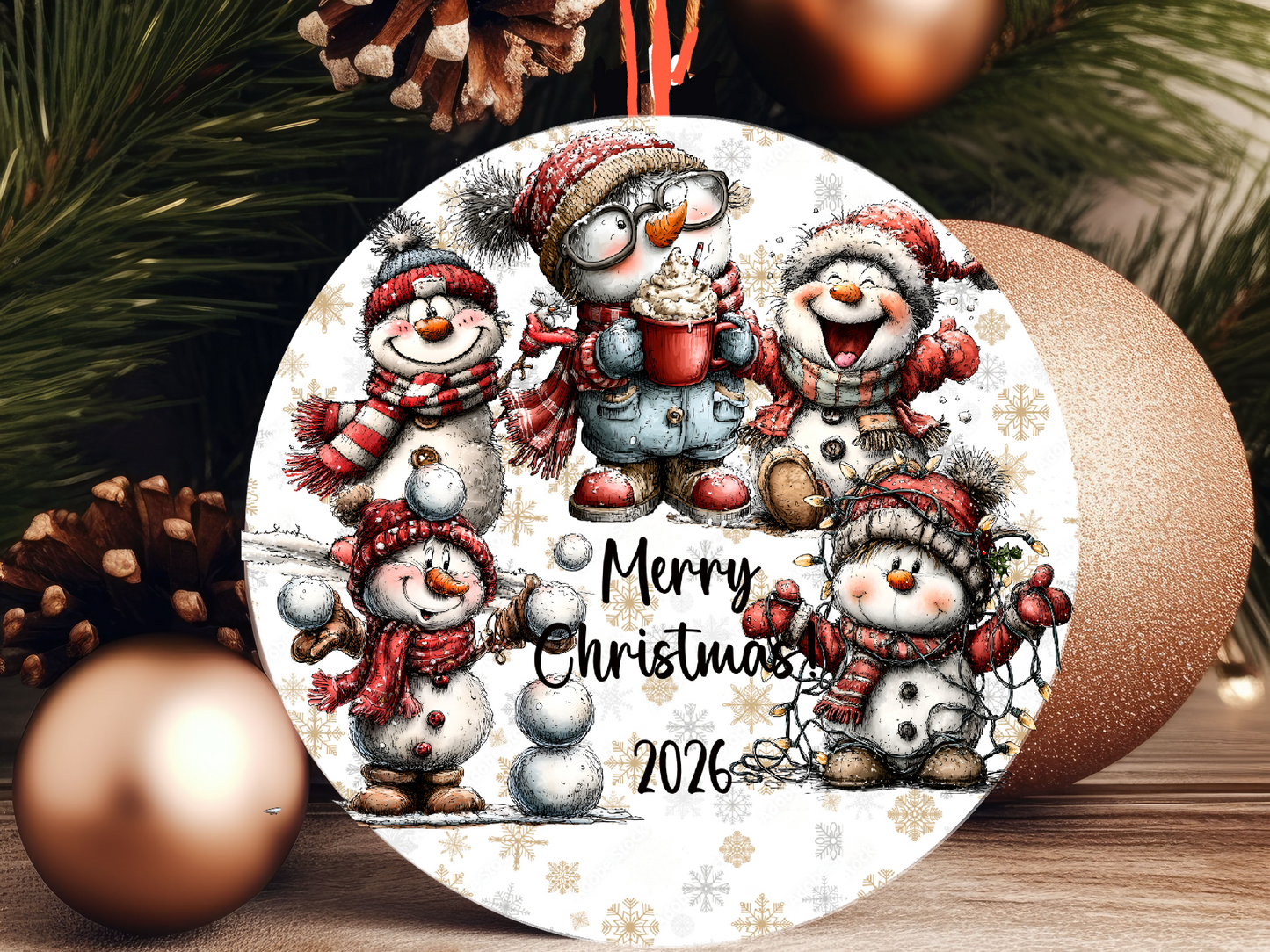 Personalized Whimsical Snowman Ornament • Quirky Red Snowmen • Custom Name Christmas Ornament • Merry Christmas 2026 Holiday Gift (2025-12)