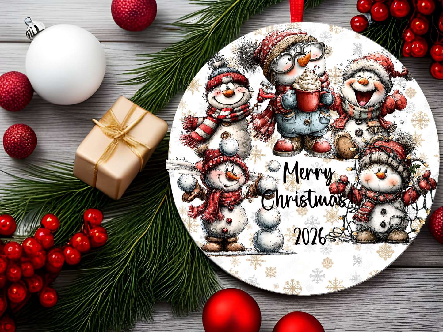 Personalized Whimsical Snowman Ornament • Quirky Red Snowmen • Custom Name Christmas Ornament • Merry Christmas 2026 Holiday Gift (2025-12)