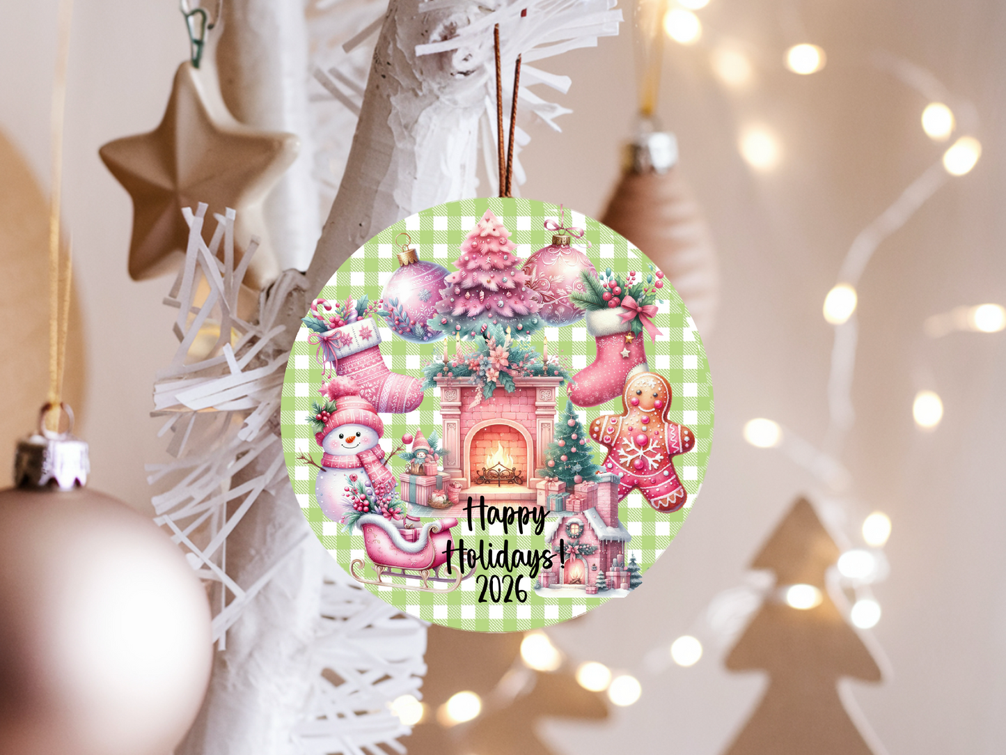 Personalized Pastel Christmas Ornament • Whimsical Pink Holiday Decor • Gingerbread & Fireplace Ornament • Happy Holidays 2026 (2025-27)