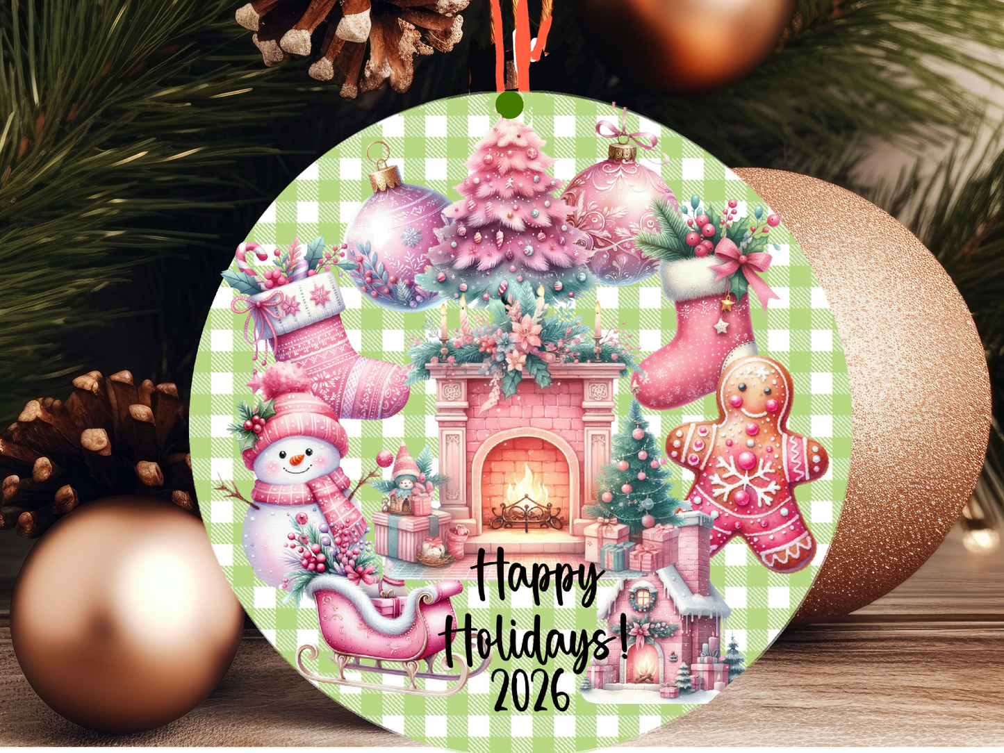 Personalized Pastel Christmas Ornament • Whimsical Pink Holiday Decor • Gingerbread & Fireplace Ornament • Happy Holidays 2026 (2025-27)