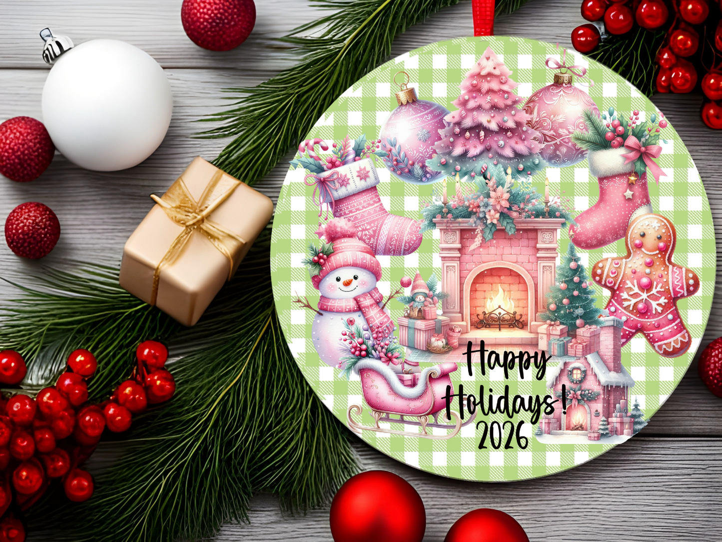 Personalized Pastel Christmas Ornament • Whimsical Pink Holiday Decor • Gingerbread & Fireplace Ornament • Happy Holidays 2026 (2025-27)
