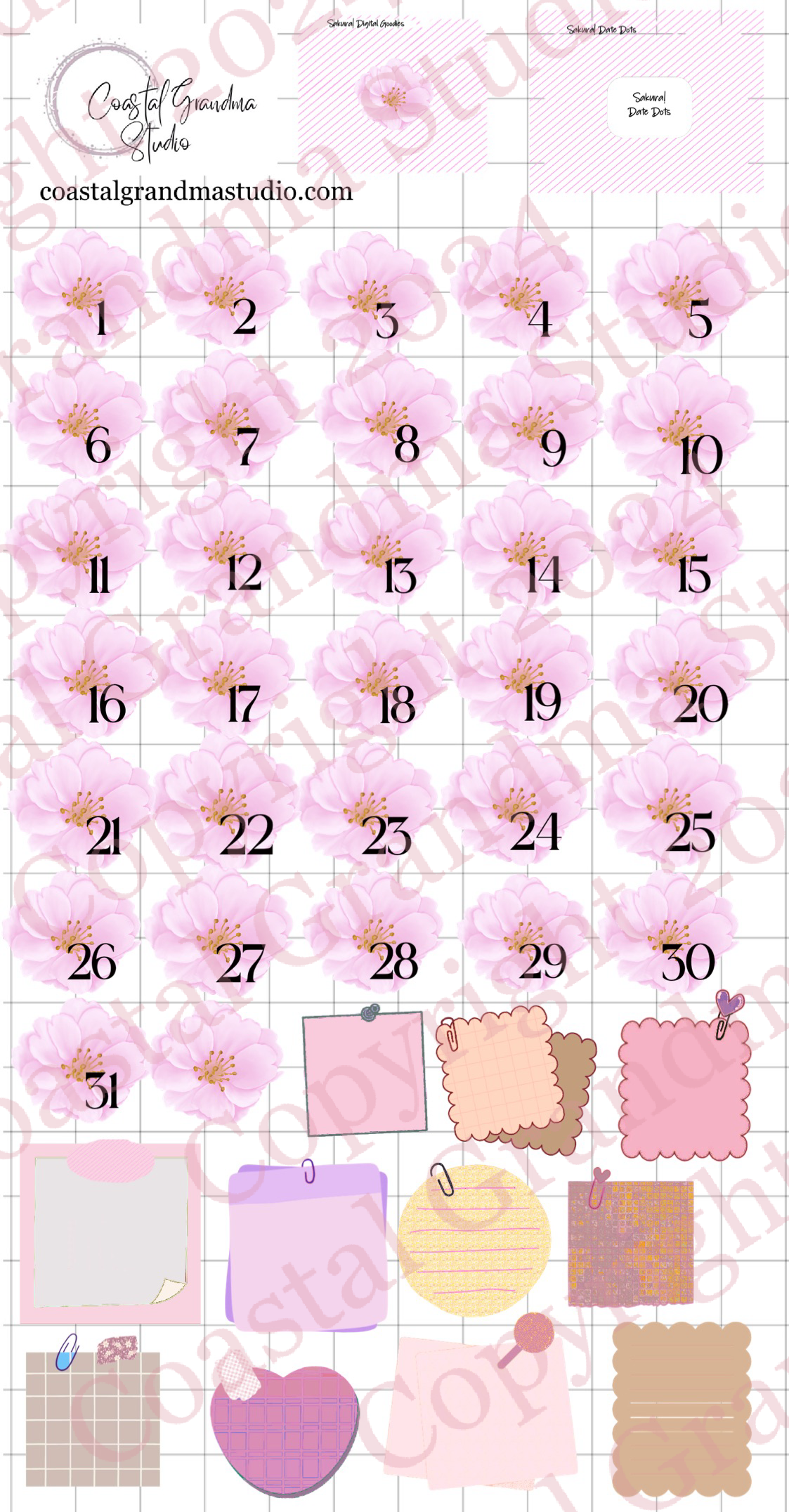 Sakura Splendor! Date Dots Digital Pre-Cropped Stickers For Goodnotes (6400-DD)