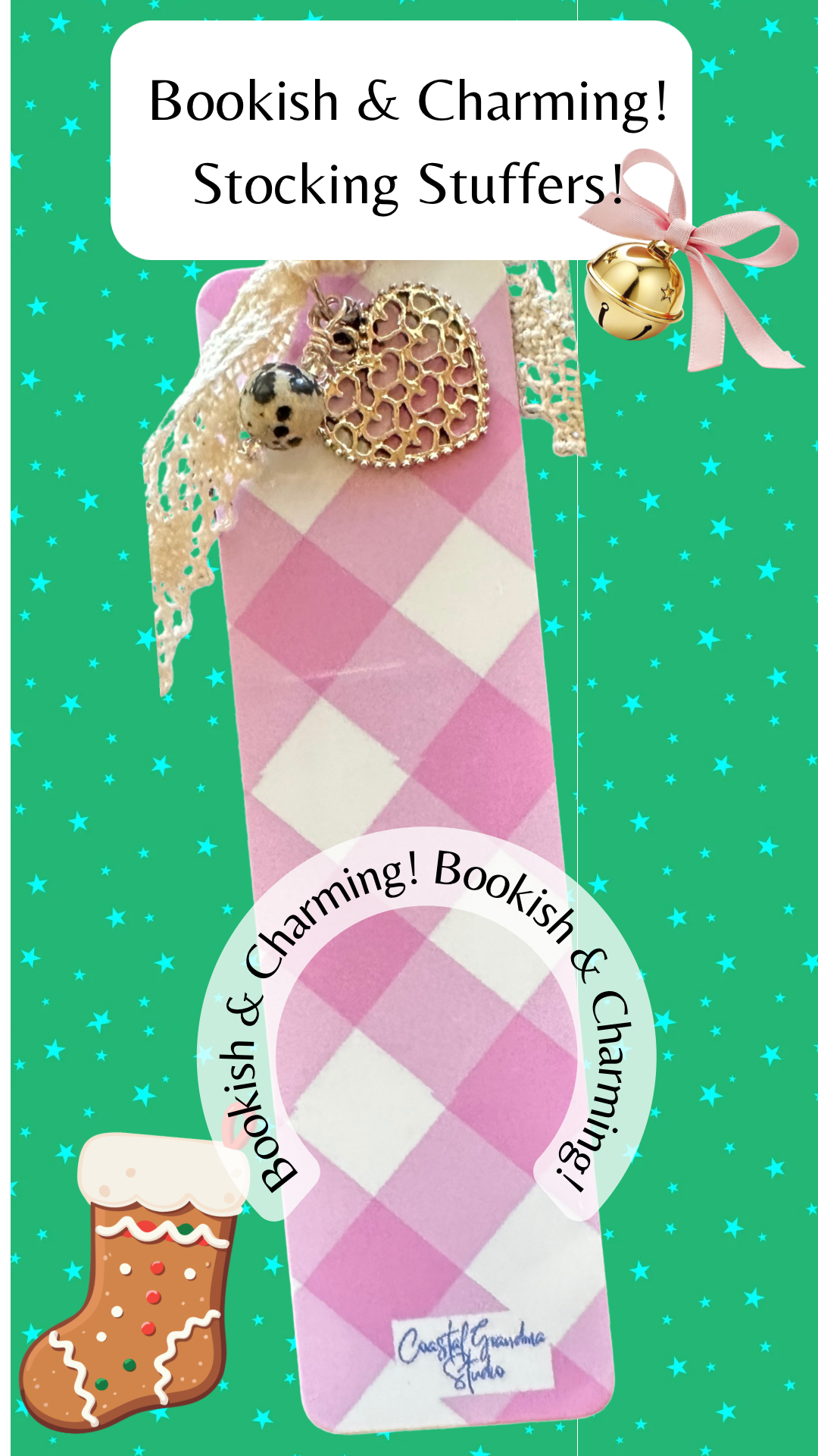 A lightweight aluminum bookmark with a pink gingham pattern, featuring a vintage lace ribbon and a dalmation jasper bead, tied with a string and a filigree heart charm.